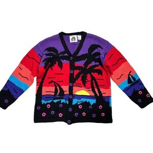 Storybook Knits Cardigan Sweater Sunset Nautical Beach Sailboat Size Medium g